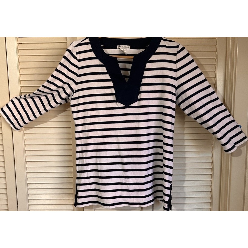 Rebecca Malone‎ White/ Navy Striped 3/4 Sleeve Top Size L